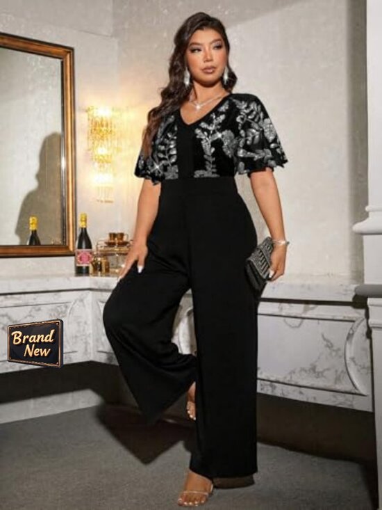 Plus Size Sequin Velvet Jumpsuit with Flutter Sleeves and Pockets - Picture 3 of 5